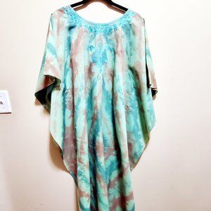tie dye green vintage dress with neck embroidery